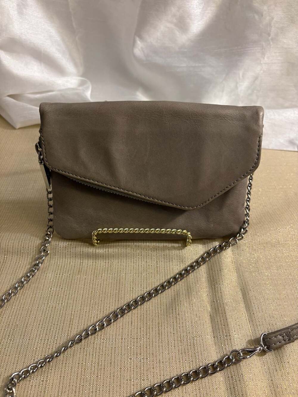 Hobo Gray Leather Crossbody Bag Clutch with Chain Strap